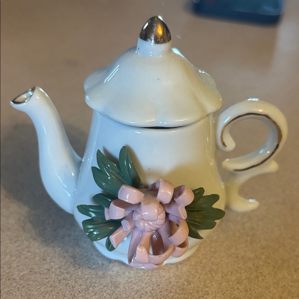 White Porcelain Teapot Figurine with Pink Floral Accent
